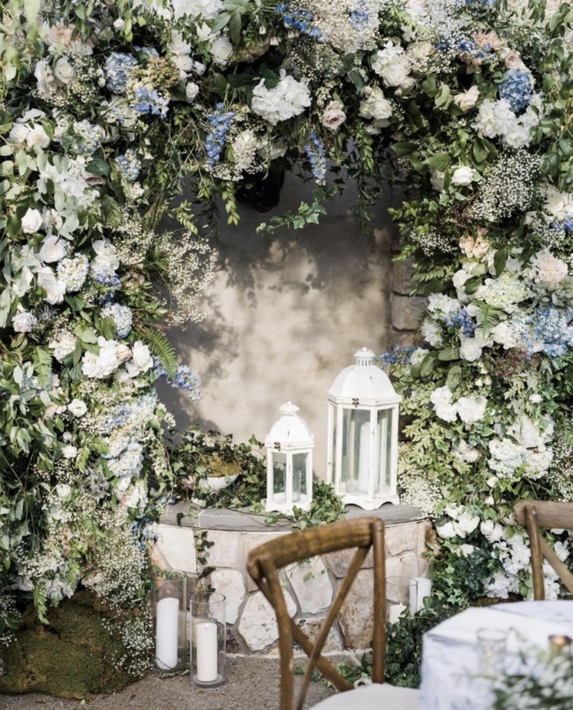 Blue and white floral wedding installation